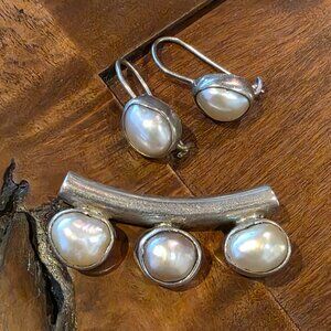 Sterling and Natural Pearl Pendant/Enhancer and Earring Set